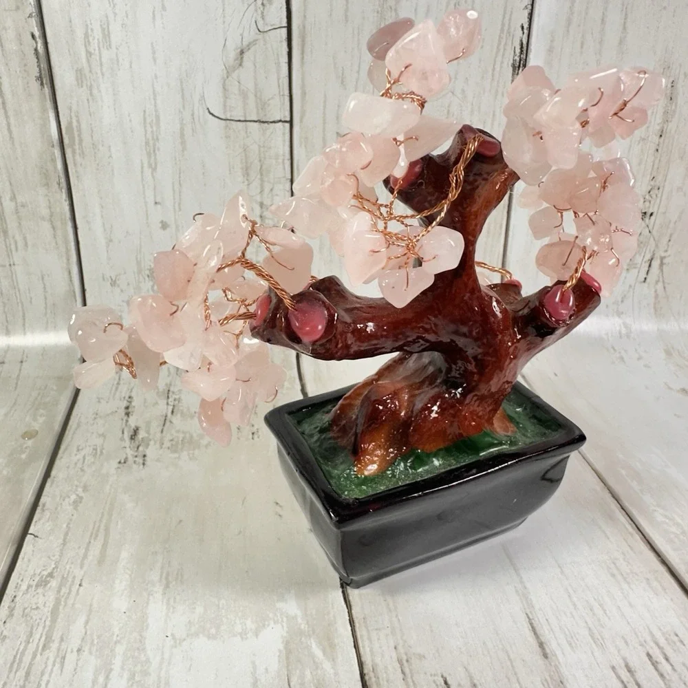 Feng Shui Natural Rose Pink Quartz Crystal Money Tree Bonsai Style Decoration Fo